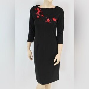 Coeur de Vague Black Sheath Dress Red Embroidered Flowers Body Con Size L NWT